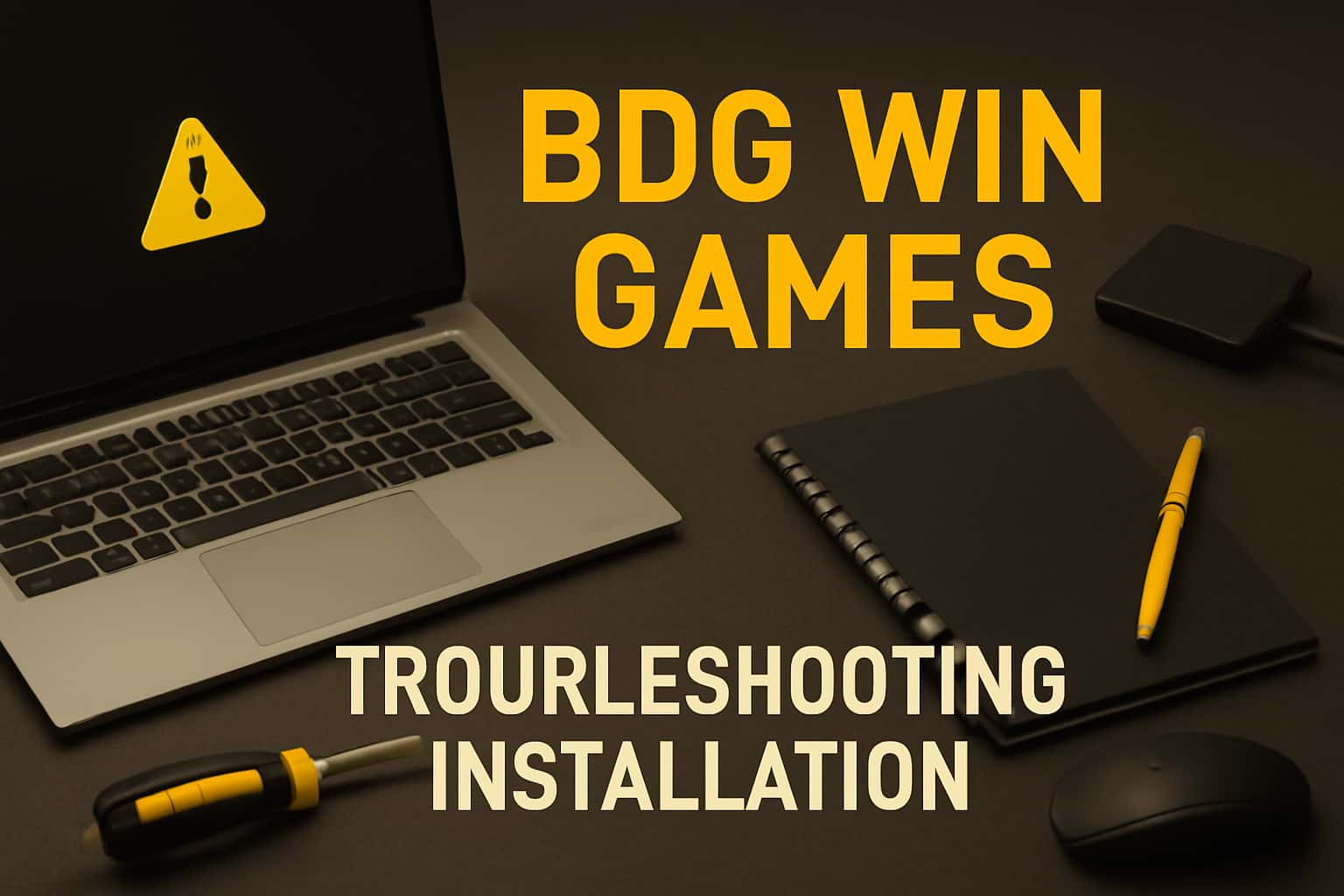 An informative scene portraying troubleshooting steps for installing BDG Win Games with relevant text.